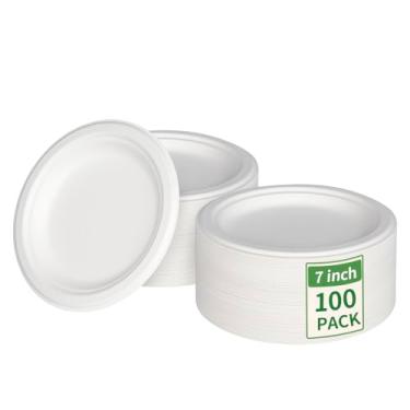 Imagem de Aricsen Pacote com 100 pratos de papel redondos compostáveis de 17 cm, branco natural, biodegradável, bagaço de cana de açúcar, sem PFA, pratos de jantar ecológicos para festa, casamento, piquenique