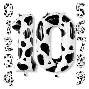 Imagem de Balão número 10 com estampa de vaca de 101 cm, balões grandes com números de folha de Mylar preto e branco 0-9, balão de hélio Cowgirl 10 para festa de 10º rodeio, decoração de 10º aniversário