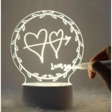 Imagem de Luminária de Mesa LED com Tela Circular para Recados, Base Branca, 10,5cm, com Caneta, Decorativa para Escritório e Quarto