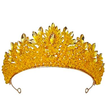 Imagem de QXMYOO Elegante coroa de strass para mulheres, tiara de casamento de 7,6 cm, coroas de princesa de cristal para 16 anos de aniversário de 15 anos (amarelo)