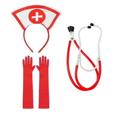 Imagem de NICEYST Conjunto de acessórios de fantasia de enfermeira de Halloween - faixa de cabeça, estetoscópio vermelho, luvas - roupa de cosplay