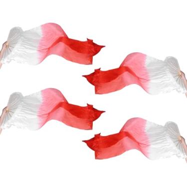 Imagem de PATIKIL Véu de leque de seda para dança do ventre 180 cm, 2 pares (esquerda + direita) leque feminino longo dobrável de madeira para apresentação de dança, branco gradiente vermelho