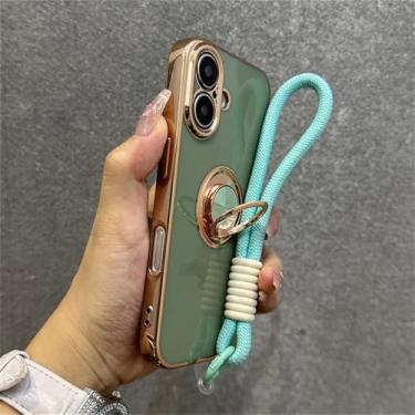 Imagem de Suporte de anel de ouro revestido com cordão, alça de pulso, capa de telefone para iPhone 16 11 12 13 14 15 Pro Max Plus, capa traseira de silicone macio, verde menta, para iPhone 15 Plus