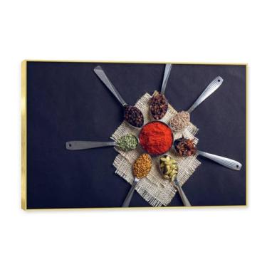 Imagem de NHLDZYH Moldura dourada. Arte de parede em tela de especiarias coloridas e colher de tempero | Decoração de cozinha vintage | Arte moderna para casa e sala de jantar. B09. 80 x 120 cm - 31,5 x 47,3