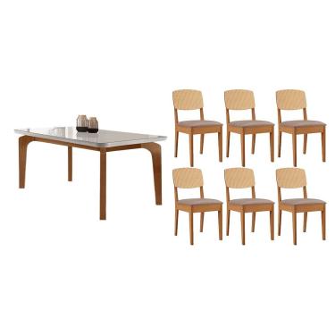 Imagem de Sala Jantar Mesa Londrina Tampo c/ Vidro Curvo 180cm+6 Cadeiras Havana Naturale/Off White - Linho Capuccino - Rufato