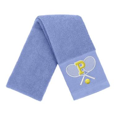 Imagem de OXYEFEI Toalha de tênis, presente de tênis para homens, mulheres, amantes, toalhas de tênis bordadas de algodão 33 cm x 109 cm (azul, letra P)