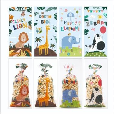 Imagem de Sacos de guloseimas de celofane com laços torcidos - 50 peças de animais fofos de 12,7 x 27 cm, sacos de presente de plástico transparente, sacolas de lembrancinhas de festa, leão, girafa, elefante