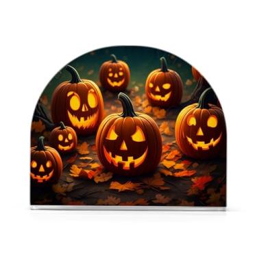 Imagem de JUZIHAI Suporte de guardanapo de rosto de abóbora de Halloween para mesa dispensador de guardanapo de acrílico suporte de lenços independente de mesa para cozinha sala de jantar bar festa decoração de