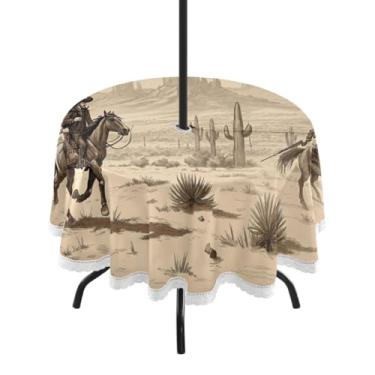 Imagem de Qilmy Toalha de mesa Western Cowboy redonda impermeável de 152 cm com orifício para guarda-chuva e zíper – uso externo / interno resistente para pátio, churrascos, piqueniques, festas (serve para