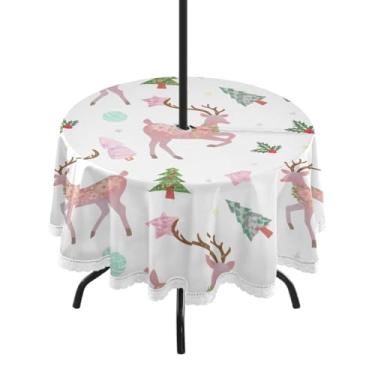 Imagem de Qilmy Toalha de mesa redonda impermeável com estampa de rena floral de 152 cm com orifício para guarda-chuva e zíper – uso externo e interno resistente para pátio, churrascos, piqueniques, festas