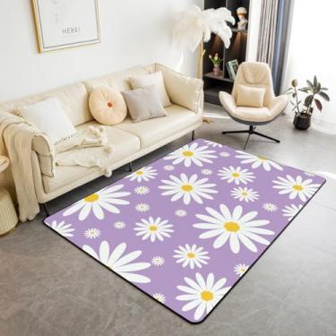 Imagem de Erosebridal Tapete de área de flores de desenho animado para crianças, 1,27 m x 9,5 cm, para quarto, sala de estar, sala de jogos, tapete de margarida branco roxo, tapete floral descolado