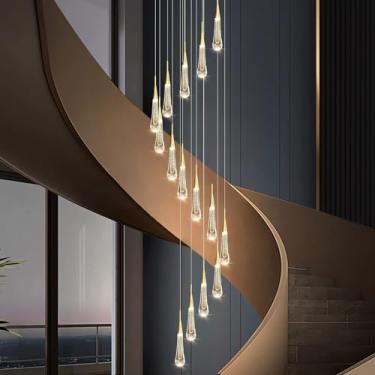 Imagem de Lustre LED em formato de gota de chuva, dimerizável, com 15 lâmpadas, 300 cm de comprimento, grande, em espiral de cristal dourado, luminária de teto pendente moderna para iluminação interna