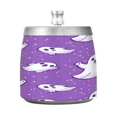 Imagem de Qilmy Cinzeiro de aço inoxidável Halloween Ghost com tampa - Cinzeiro de cigarro à prova de vento sem cheiro sem fumaça para casa, escritório, carro, pátio, varanda (uso interno e externo)