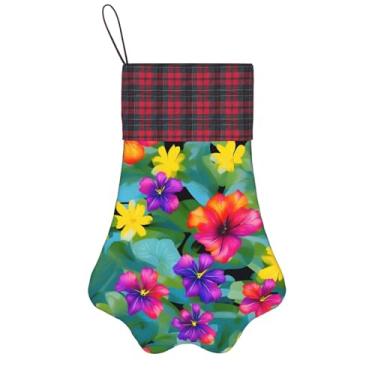 Imagem de SKKNT Meias de Natal com estampa de flores coloridas havaianas, animais de estimação, decoração de Natal, cães, gatos, árvores, doces, presente, conveniente