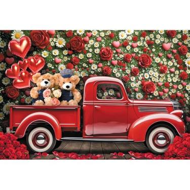 Imagem de deFouliao Decoração de fundo floral de urso de carro rosa vermelha para Dia dos Namorados, chá de bebê, festa de aniversário, faixa de estúdio fotográfico, 2,1 x 1,5 m