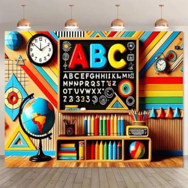 Imagem de ABC Alfabeto Colorido Padrão Geométrico Tema de Sala de Aula Cenário Temporada Escolar Retrô Faixa de Sala de Aula Novo Termo Temporada Escolar Crianças Estudantes Retrato Adereço (B, 2,1 x 1,5 m)
