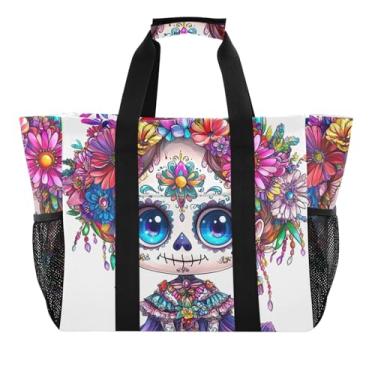 Imagem de ODAWA Bolsa feminina impermeável à prova de areia fofa com caveira de açúcar para viagens e natação, bolsa de lona de grande capacidade para compras, Lindo crânio feminino de açúcar, One Size
