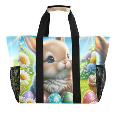 Imagem de ODAWA Bolsa de mão impermeável à prova de areia, coelho, ovos de Páscoa, margarida, para academia e esportes, bolsa esportiva estética com bolsos, Coelho fofo, ovos de Páscoa, margarida, One Size