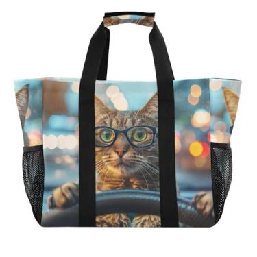 Imagem de ODAWA Bolsa grande engraçada de gato para uso diário e academia, bolsa de praia impermeável dobrável, Gato engraçado, One Size