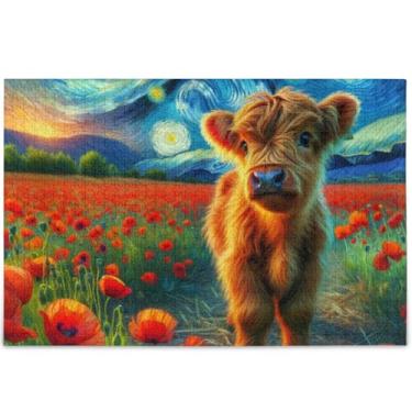 Imagem de Quebra-cabeça personalizado de vaca das terras altas com flor de papoula estrelada 500 peças para adultos, brinquedo de arte, quebra-cabeças legais para adultos, família, elefantes brancos, presentes