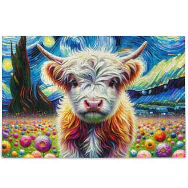 Imagem de Quebra-cabeça Highland Cow Starry Night para adultos, 500 peças, presentes tecnológicos para amantes, quebra-cabeças grandes e legais, pintura de decoração de arte personalizada, 52 cm x 37,8 cm