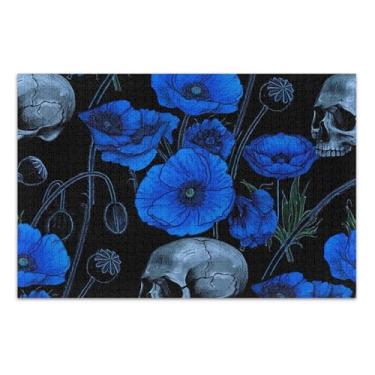 Imagem de Quebra-cabeça de flor de papoula azul crânio preto 500 peças presentes de jogo de família amigos adultos cena de inverno quebra-cabeça animal arte colorida, 50 x 37 centímetros