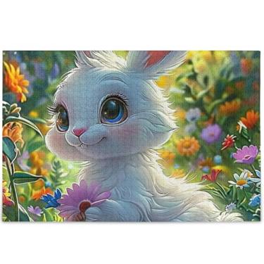 Imagem de Quebra-cabeças florais de coelho branco fofo personalizado de 1000 peças para adultos cenário de arte animal Cool Prime Puzzles divertidos bobos, 75 x 50 cm