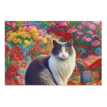 Imagem de Quebra-cabeça de jardim com flores coloridas de gato, 500 peças, presentes para adultos, jogo de elefante branco, brinquedo adulto, pintura de arte floral, 51 x 35 cm