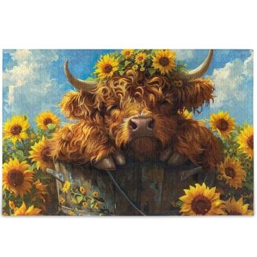 Imagem de Quebra-cabeça de vaca Highland Girassóis para adultos 1000 peças presentes para amantes de quebra-cabeças, cenário difícil, decoração de arte animal, 75 x 50 cm