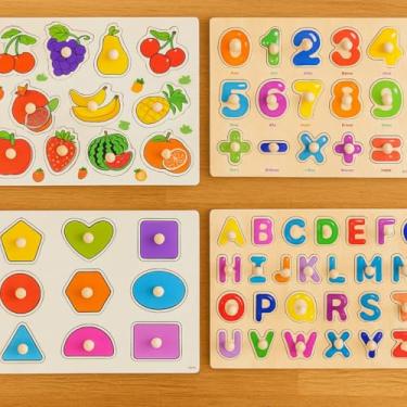 Imagem de Kit 4 Quebra-Cabeças Pedagógicos Infantis com Pinos, Alfabeto Números Formas Frutas, 63 Peças, Madeira, 30x22cm, Coordenação Motora