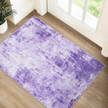 Imagem de RELEANY Tapetes laváveis de 6 x 7 cm antiderrapantes modernos abstratos macios para sala de estar, entrada, quarto, berçário, estampa impressa, roxo, cinza, rosa, branco