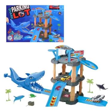 Imagem de Pista de Carros Tubarão com Estacionamento, Conjunto de Brinquedo Interativo com Lançador de Veículos, Pista Azul com Tema Marinho