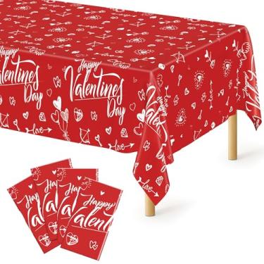 Imagem de QZYL 4 toalhas de mesa de plástico para dia dos namorados, toalhas de mesa em formato de coração de 137 x 274 cm, decorações vermelhas descartáveis para dia dos namorados, lembrancinhas de festa