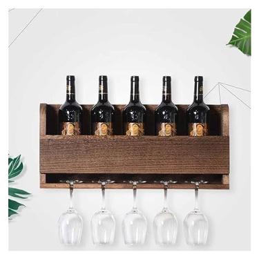 Imagem de Rack de vinho de madeira montado na parede, organizador de rack de vinho com prateleira de taça de vinho e 5 suportes de vidro para bar doméstico, cozinha, decoração de fazenda, 60 x 12 x 27 cm