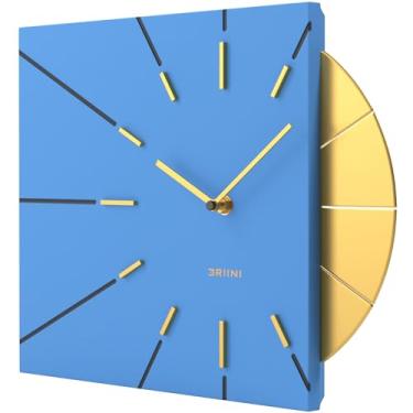 Imagem de Driini Relógio de parede moderno de meados do século – Relógio azul quadrado com detalhes decorativos dourados - Relógio moderno exclusivo, operado por bateria - Relógio de parede MCM e relógio de