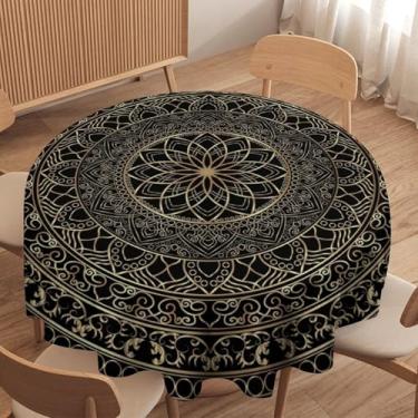 Imagem de Djaby Toalha de mesa redonda Boho mandala, preta, rústica, abstrata, para casa, cozinha, interior, piquenique, pátio, festa, casa de fazenda, 91 x 91 cm