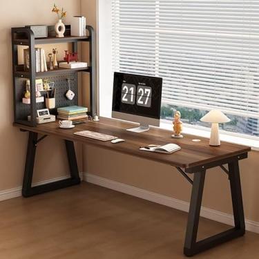 Imagem de Mesa de escritório em casa elegante com armazenamento de quadro, mesa de escrita resistente para sala de estar e quarto, acabamento em nogueira e preto, perfeita para projetos DIY (80 x 60 x 74 cm)