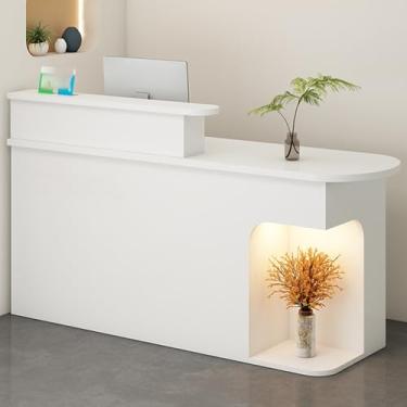 Imagem de Mesa de recepção pequena branca moderna com luz LED e gaveta com trava - Balcão de varejo elegante com armário de armazenamento para escritório (80 cm)