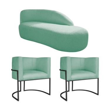 Imagem de Kit Divã Luna 185cm Lado Direito E 02 Poltronas Base De Ferro Preto Suede Cor Azul Tiffany