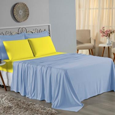 Imagem de Jogo De Cama Queen Nobre 4 Peças Lençol Com Elástico De 30cm De Altura Malha 100% Algodão - Azul-bebê / Amarelo