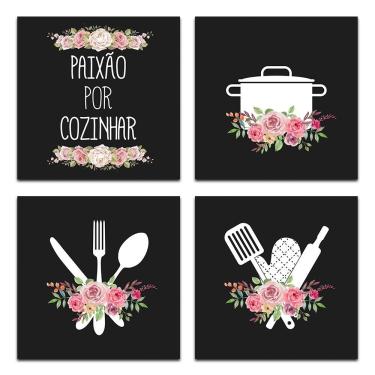 Imagem de Conjunto Quadros Decorativos 4 Pçs 20x20 Paixão Por Cozinhar Titulos Moldura Preta