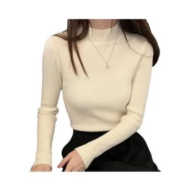 Imagem de Suéter Feminino De Gola Alta Slim Fit Para Outono/Inverno, Tricô Vinta