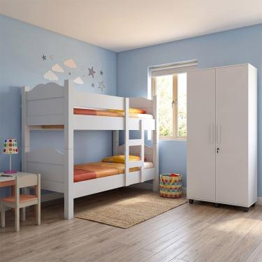 Imagem de Conjunto Beliche Madrid Branco com Grades + Armário Organizador Ouro 2 Portas Branco co...