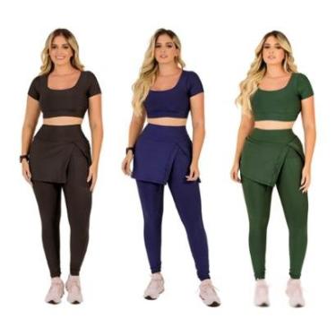 Imagem de Kit 3 Conjuntos Fitness Moda Evangélica Calça Legging Saia Com Bolso e Top Cropped The...