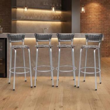 Imagem de Banqueta para bar/gourmet Balcão Alto Estrutura Prata Encosto Junco De
