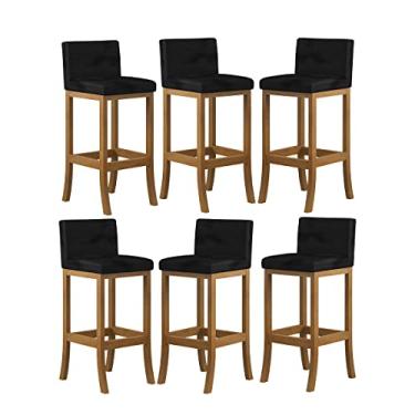 Imagem de Kit 6 Banquetas Média Encosto Estofado 38x88Cm Ilha Espanha Madeira Maciça Amêndoa Suede Preto - CCS