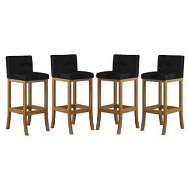 Imagem de Kit 4 Banquetas Média Encosto Estofado 38x88Cm Ilha Espanha Madeira Maciça Amêndoa Suede Preto - CCS