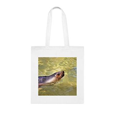Imagem de Sacola com leão marinho australiano surgindo para respirar, presente divertido, bolsa de ombro, bolsas reutilizáveis, ideia de presente de cesta de Natal de aniversário, Branco