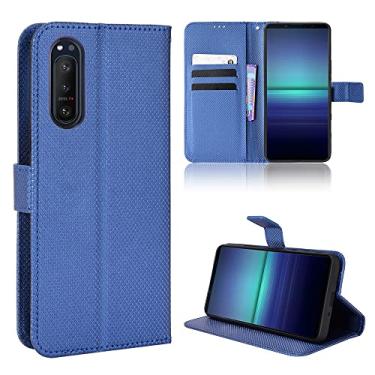 Imagem de LVSHANG Capas flip para smartphone para Xperia 5 II, compartimentos para cartão com fecho magnético, capa protetora de couro PU com suporte de alça de pulso [TPU à prova de choque] capas flip (cor: azul)