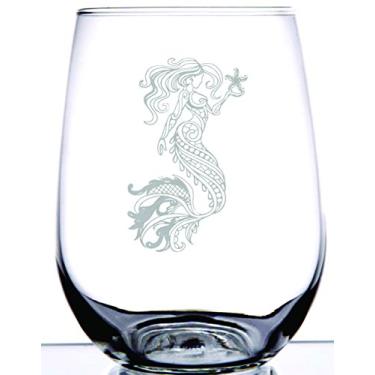 Imagem de Design de sereia gravado a laser | Vidro de vinho sem haste gravado a laser permanentemente gravado | 425 ml